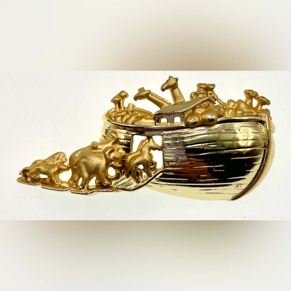 3 for $30 Vintage Gold Tone Signed AJC Noah’s Arc Pin Brooch Boat with Animals